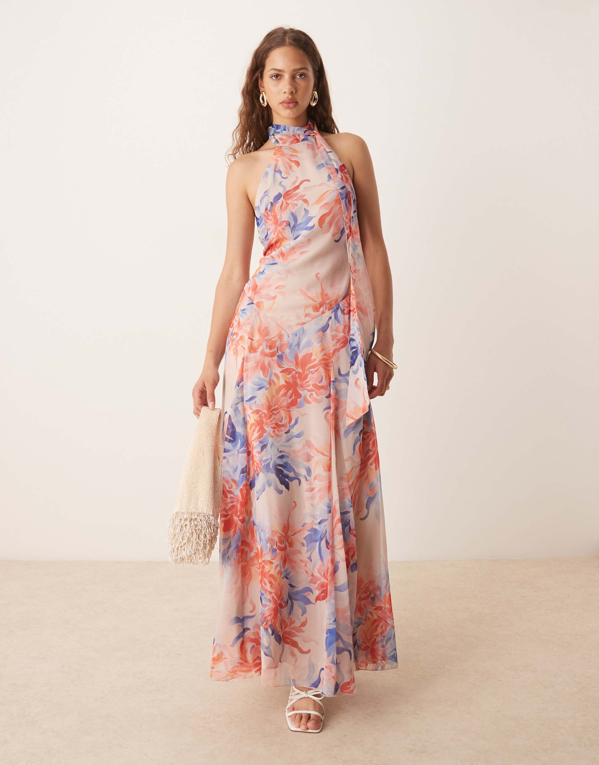asos design chiffon halter dropped waist maxi dress in pink blue floral