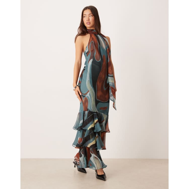 ASOS DESIGN chiffon halter neck maxi dress with scarf detail in blue  abstract | ASOS