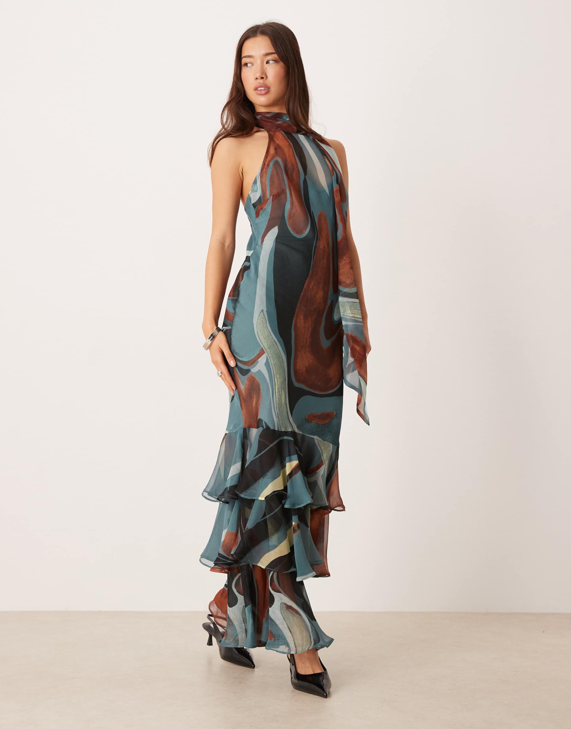 asos design chiffon halter neck maxi dress with scarf detail in blue abstract