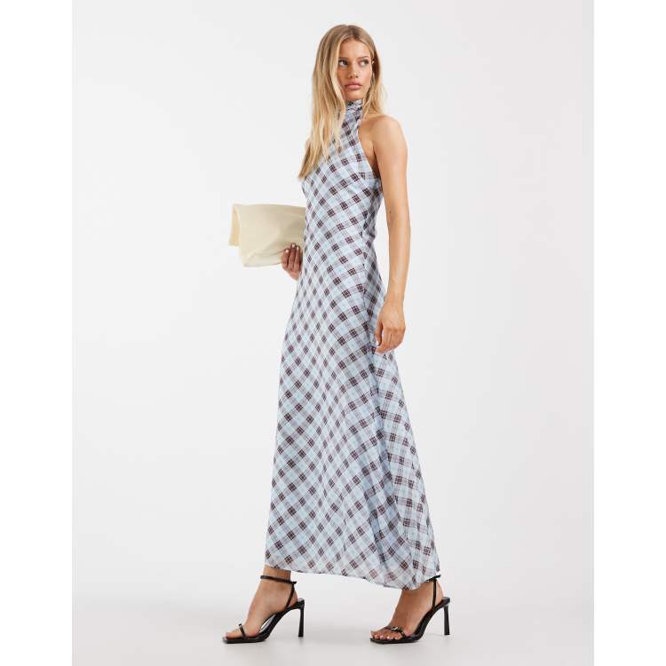 ASOS DESIGN chiffon high halter neck maxi dress in blue plaid | ASOS