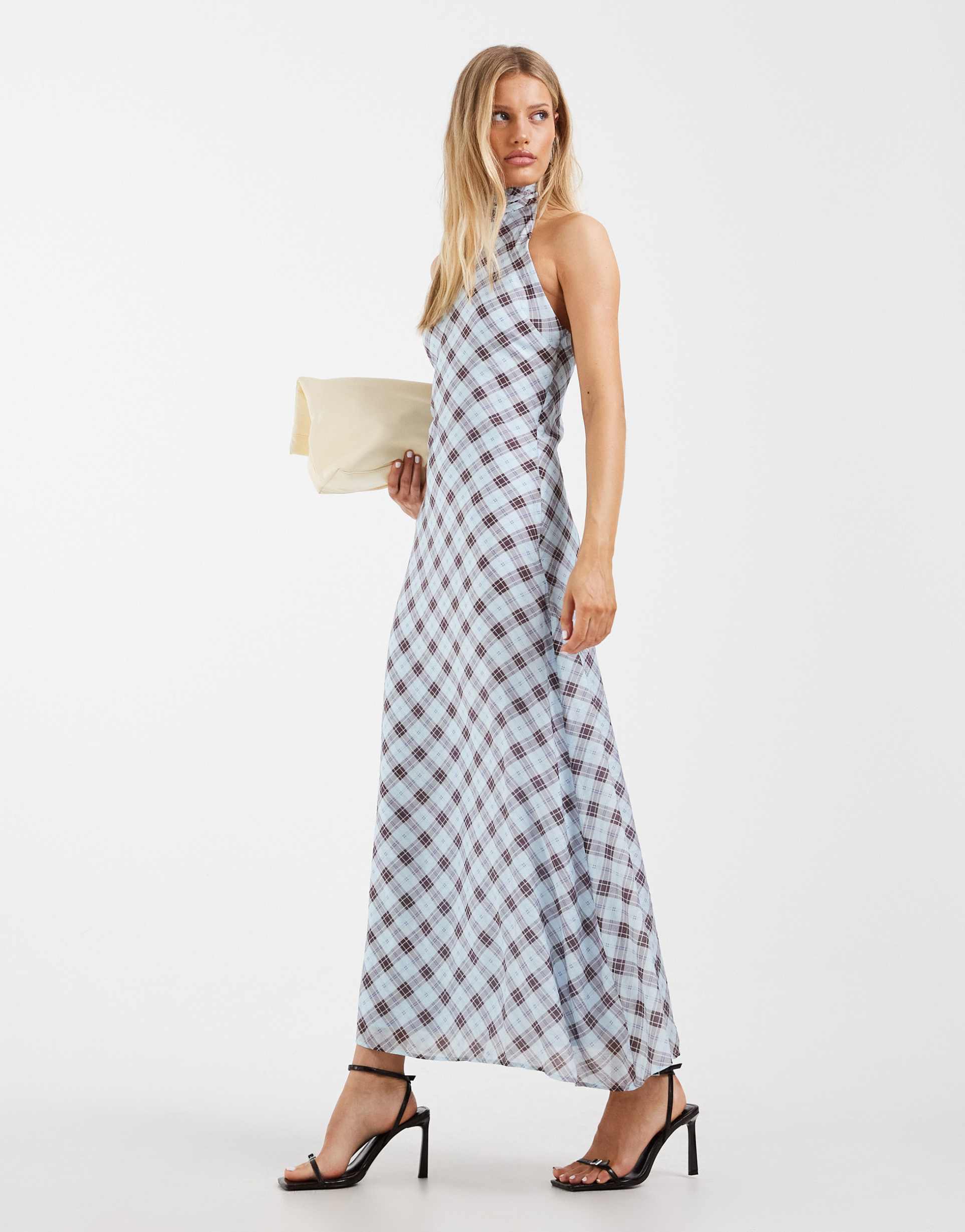 asos design chiffon high halter neck maxi dress in blue plaid