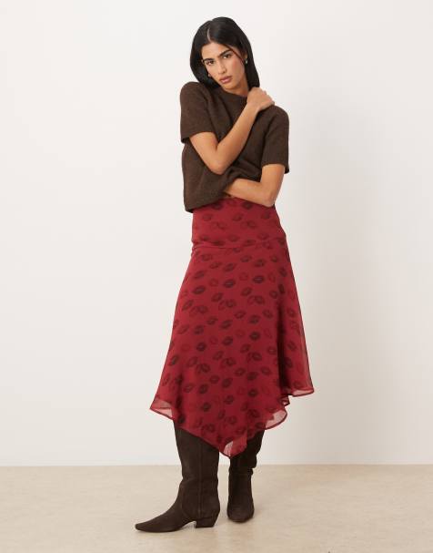 ASOS DESIGN chiffon high low hem co-ord midi skirt in lipstick print - view 1