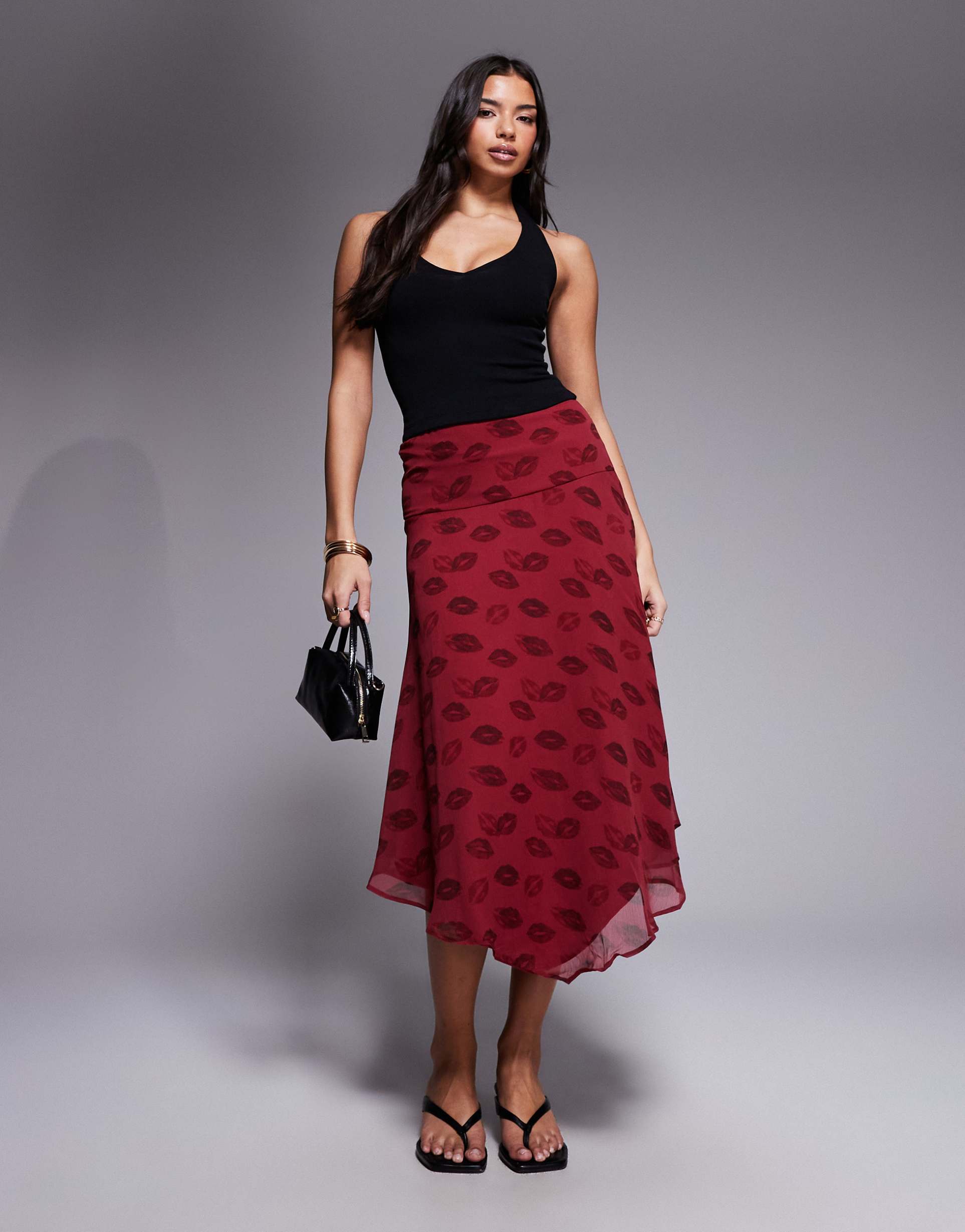 asos design chiffon high low hem midi skirt in lipstick print - part of a set