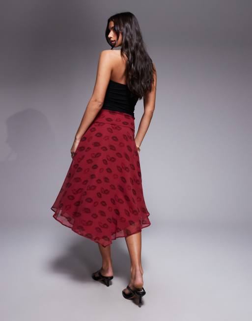 ASOS DESIGN chiffon high low hem midi skirt in lipstick print (Part of a set), 2 of 5