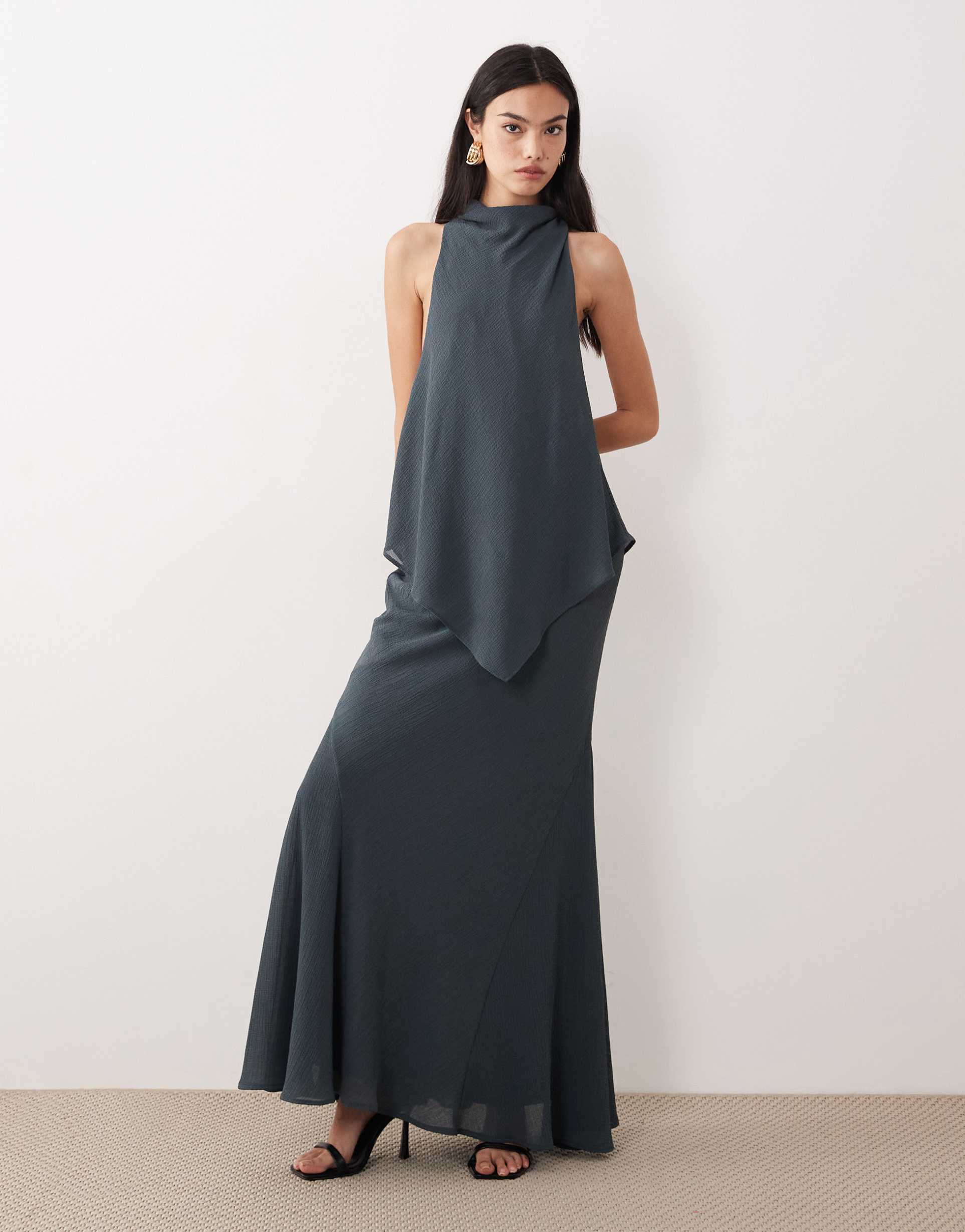 asos design chiffon high neck double layer maxi dress in charcoal gray