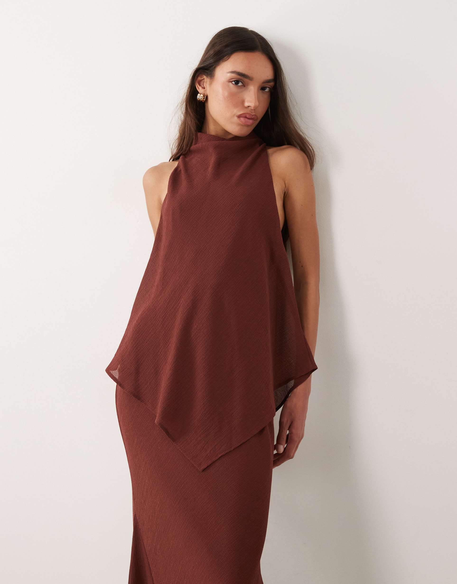 asos design chiffon high neck double layer maxi dress in chocolate brown