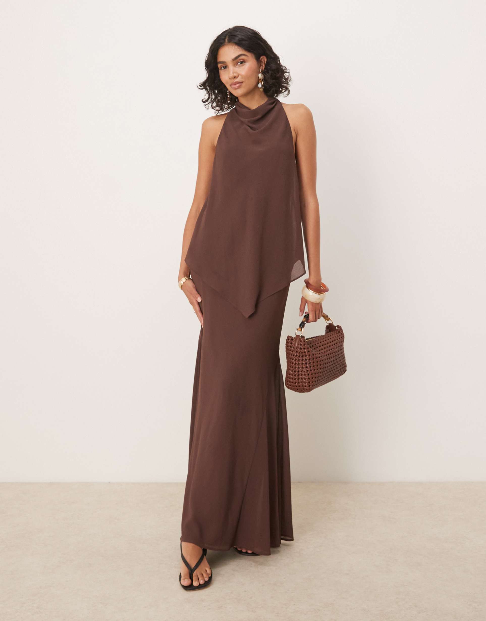 asos design chiffon high neck double layer maxi dress in chocolate