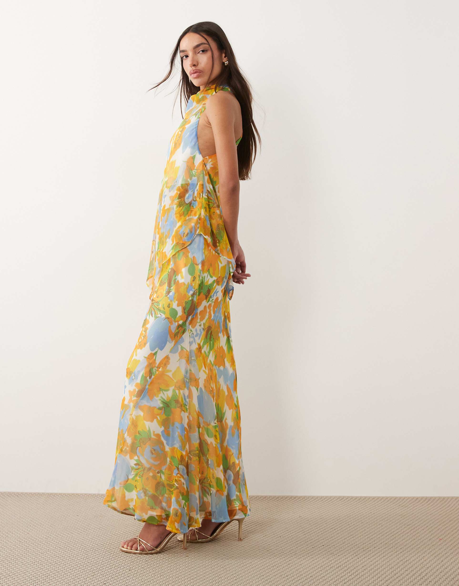 asos design chiffon high neck double layer maxi dress in floral print