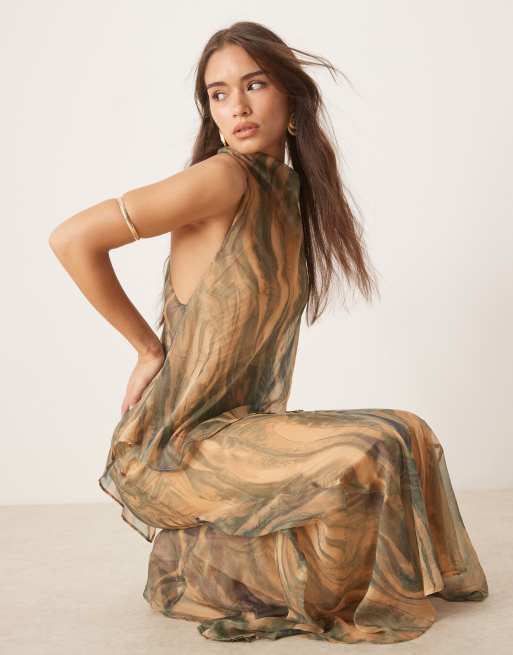 ASOS DESIGN chiffon high neck double layer maxi dress in marble print