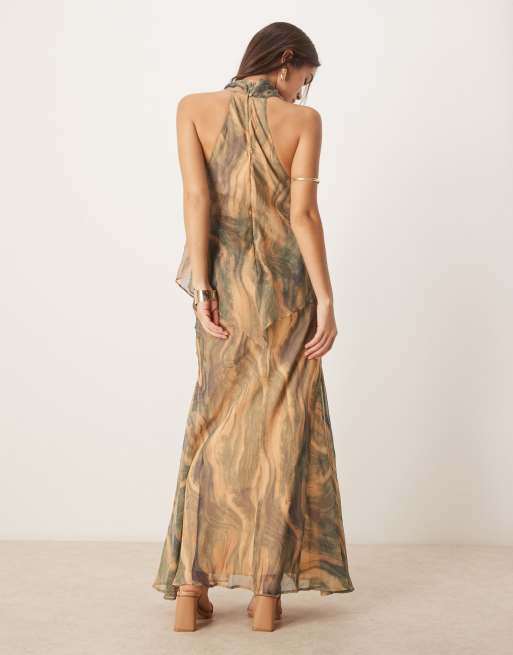 ASOS DESIGN chiffon high neck double layer maxi dress in marble print