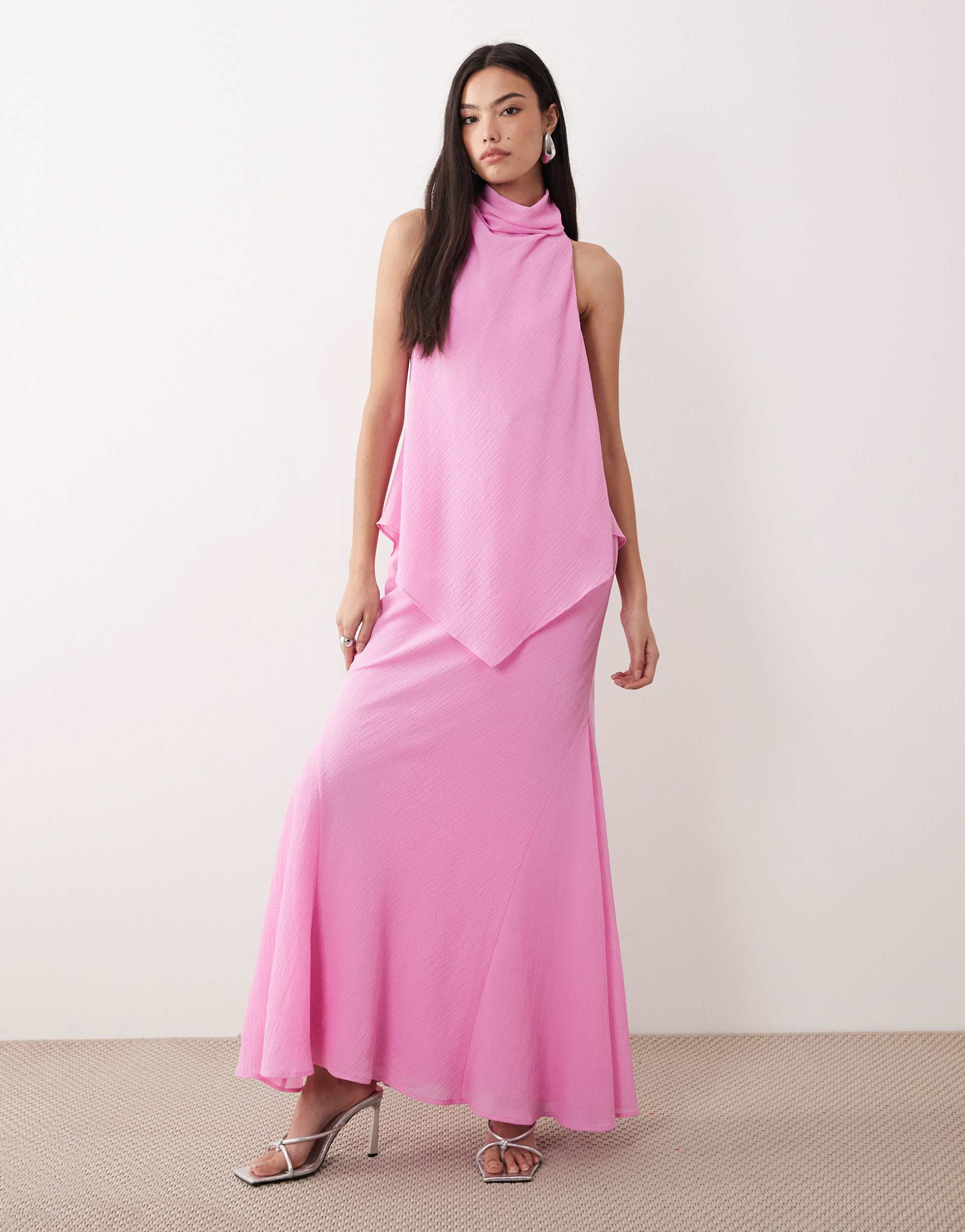 asos design chiffon high neck double layer maxi dress in sugar pink
