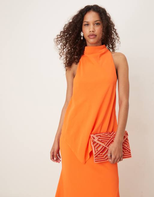 ASOS DESIGN chiffon high neck double layer maxi dress in tangerine