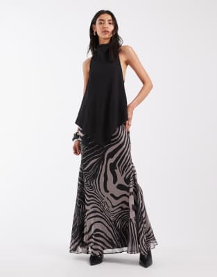 Asos Design Chiffon High Neck Double Layer Maxi Dress In Multi