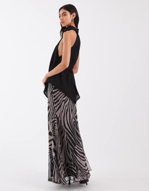 ASOS DESIGN chiffon high neck double layer maxi dress in zebra, 3 of 4