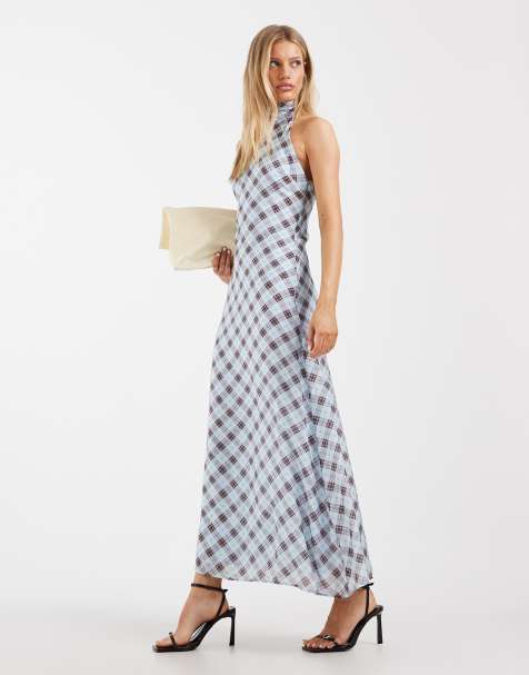 ASOS DESIGN chiffon high neck halter maxi dress in blue check - view 1