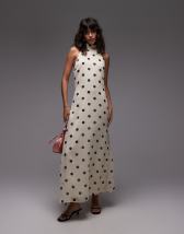 TFNC halter neck maxi dress with open back in chocolate mesh