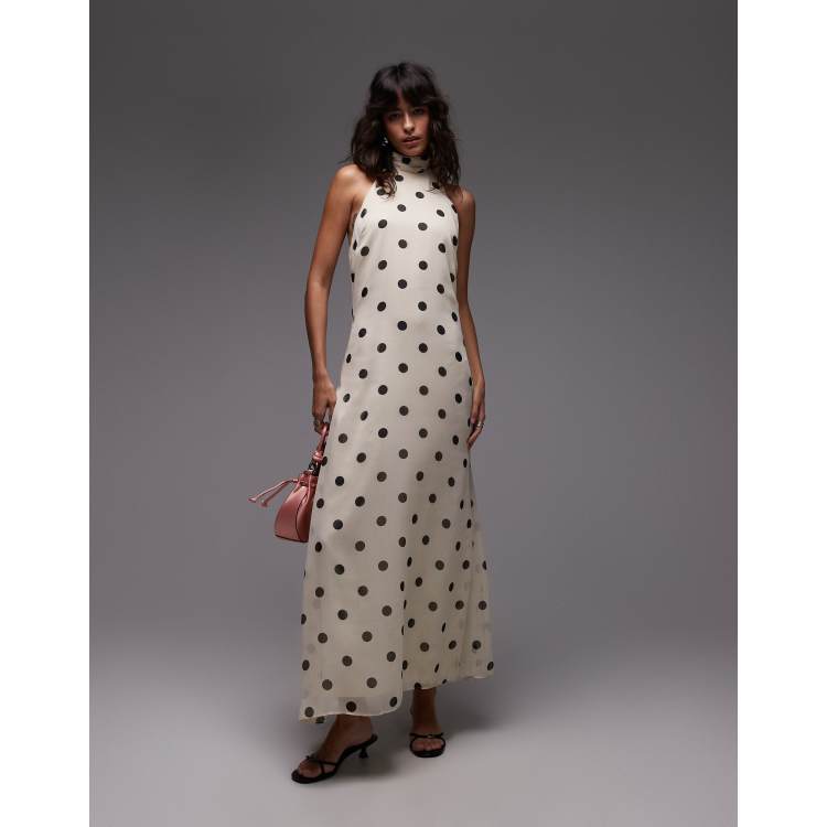 ASOS Design chiffon high neck halter maxi dress in cream polka dots-Multi