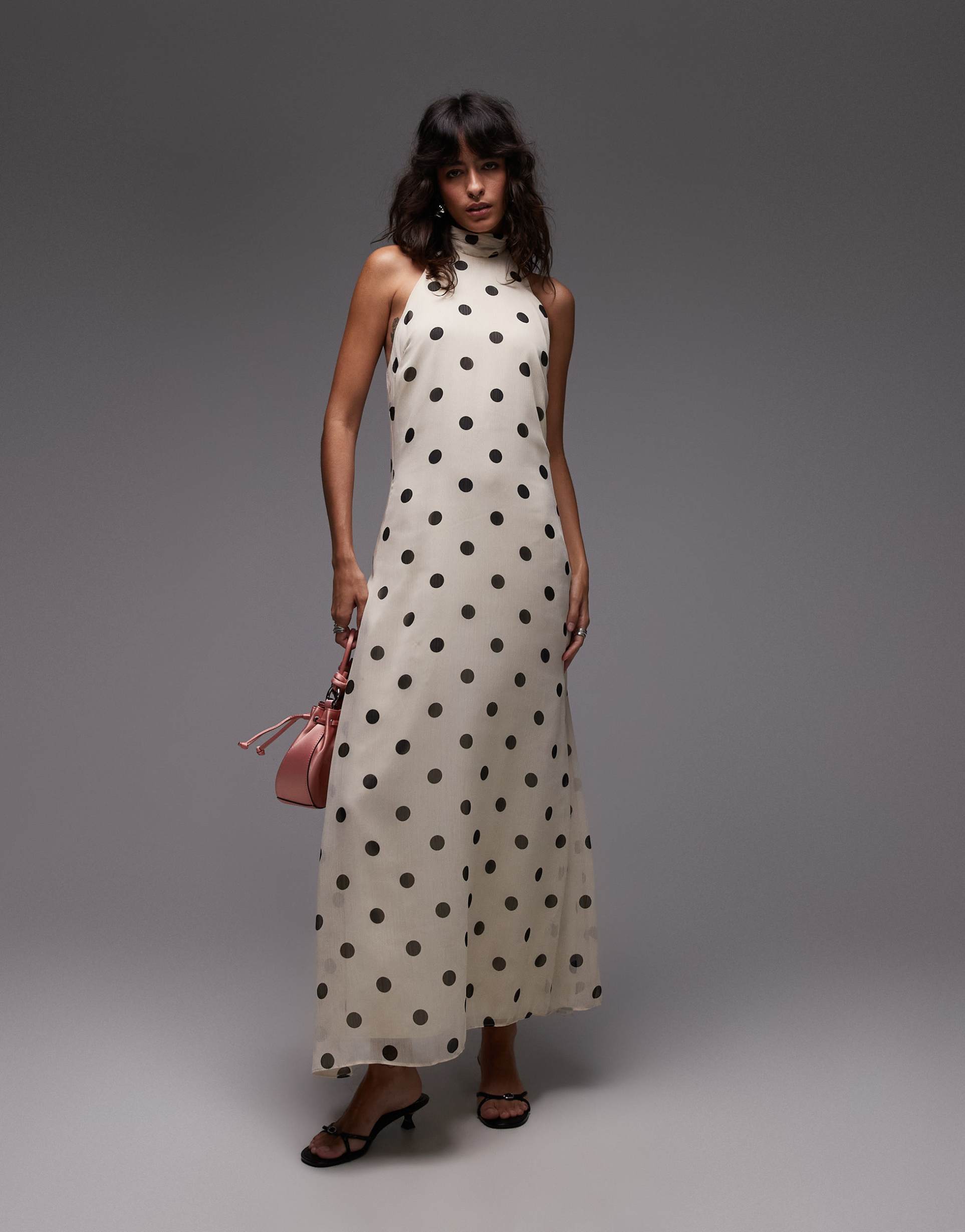 asos design chiffon high neck halter maxi dress in cream polka dots