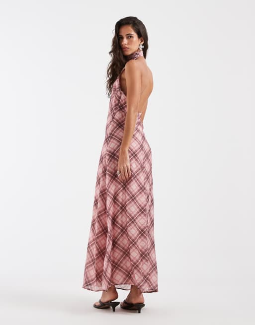 ASOS DESIGN chiffon high neck halter maxi dress in pink check, 2 of 4