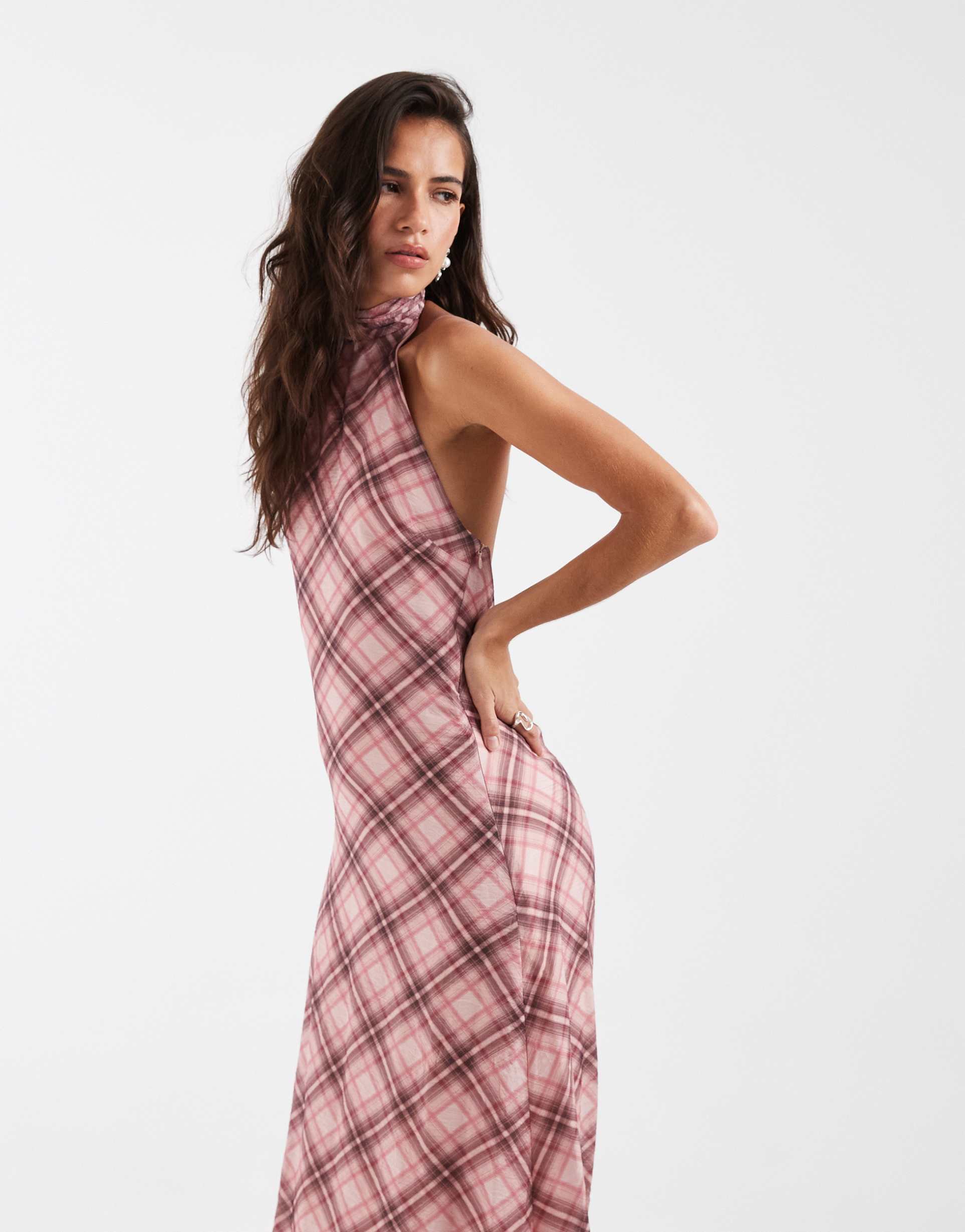 asos design chiffon high neck halter maxi dress in pink plaid