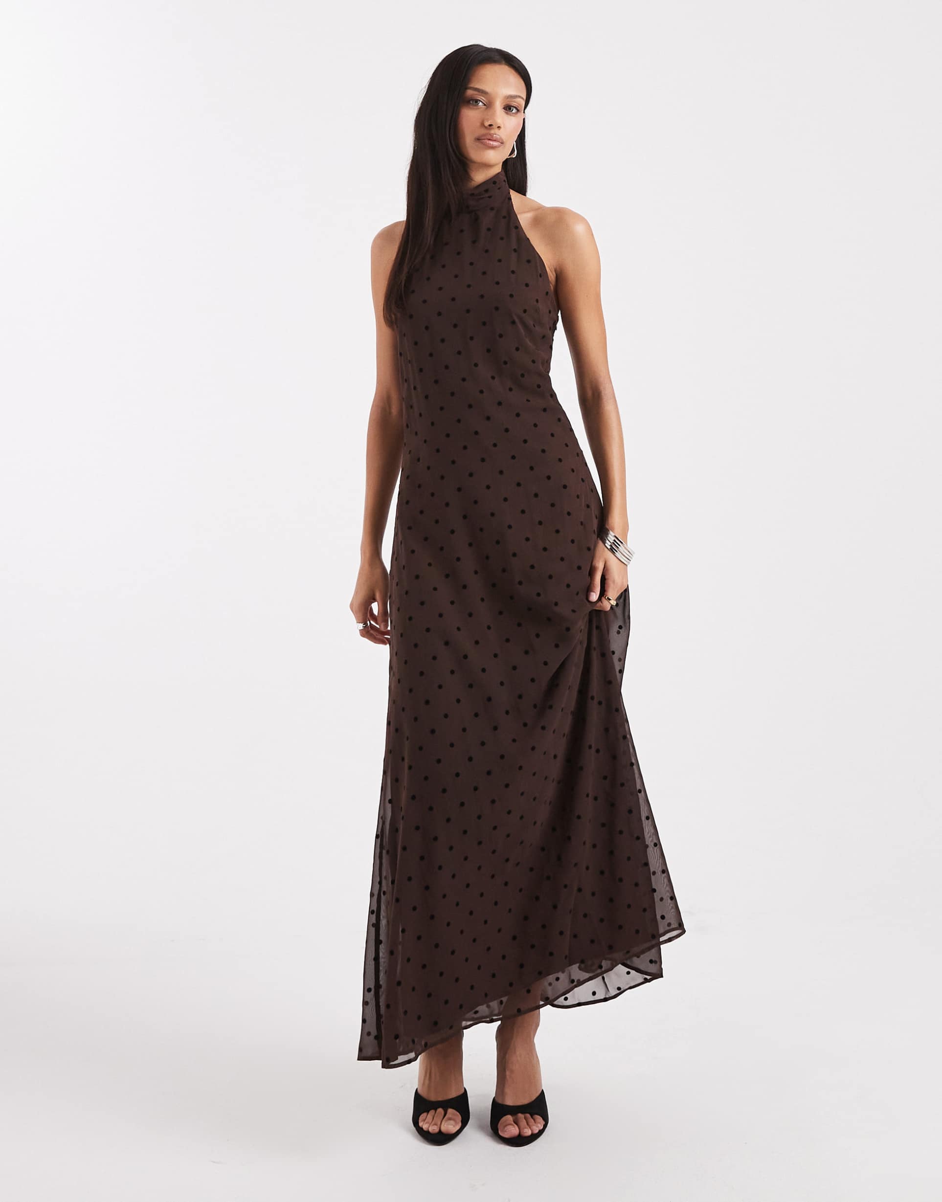 asos design chiffon high neck maxi dress in chocolate polka dots