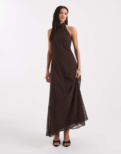 ASOS DESIGN chiffon high neck maxi dress in chocolate spot