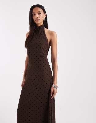 Asos Design Chiffon High Neck Maxi Dress In Brown