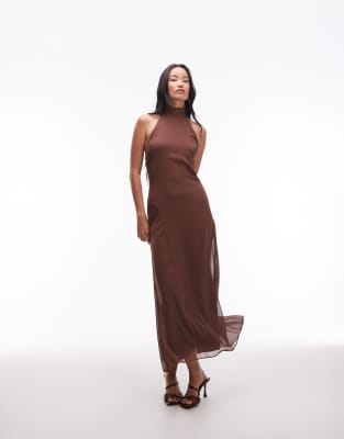 Asos Design Chiffon High Neck Maxi Dress In Brown