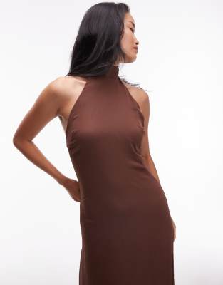 Asos Design Chiffon High Neck Maxi Dress In Brown
