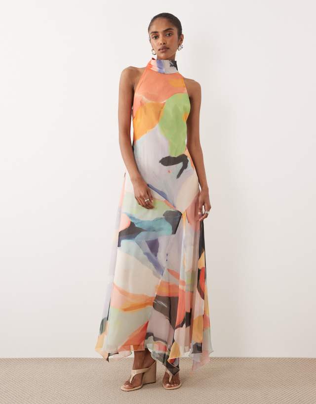 ASOS DESIGN chiffon high neck maxi dress in multi abstract print