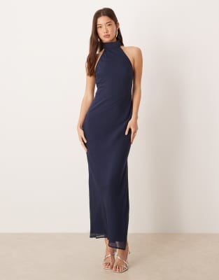Asos Design Chiffon High Neck Midi Dress In Blue