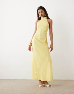 Asos Design Chiffon High Neck Midi Dress In Yellow