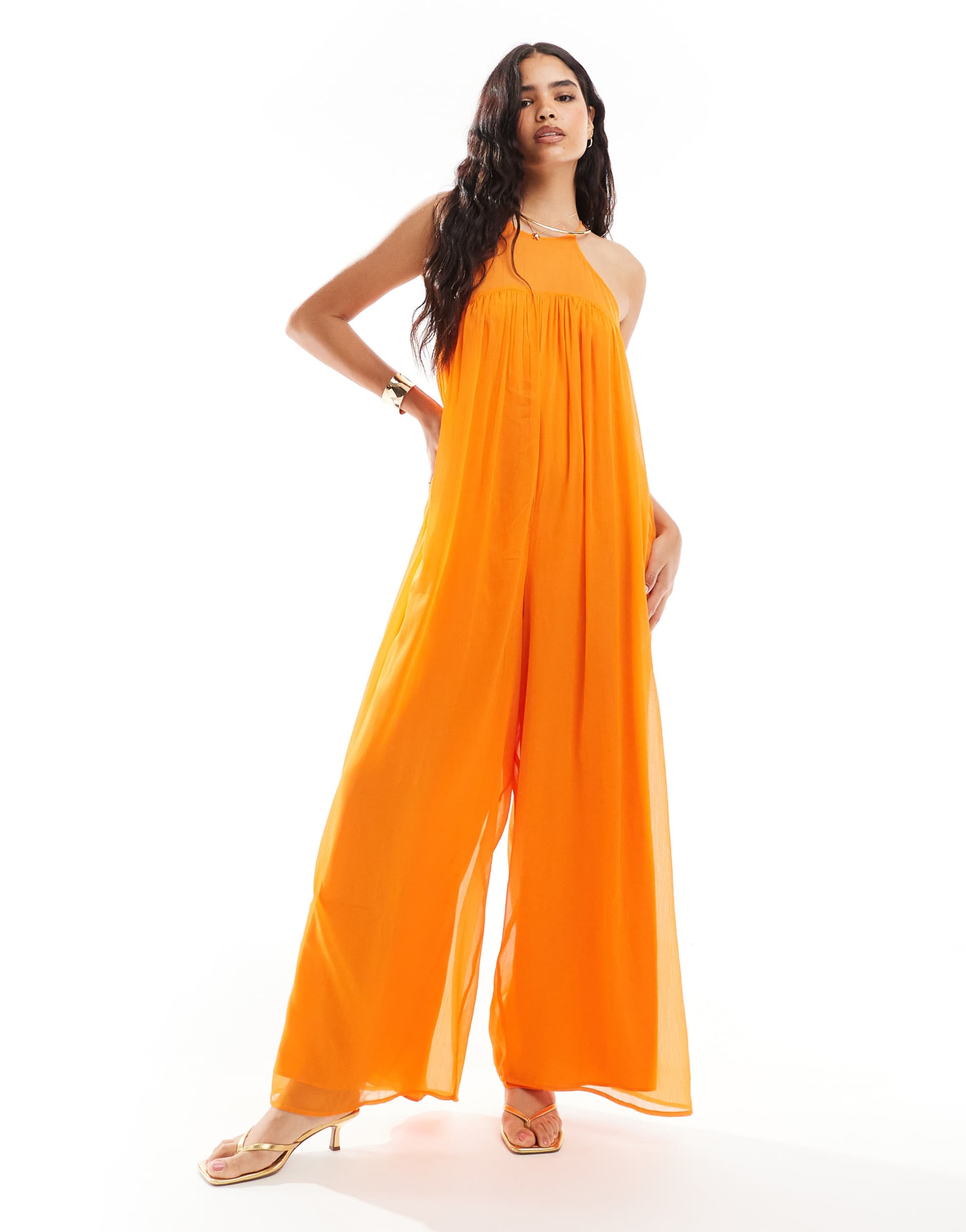 asos design chiffon high neck trapeze jumpsuit in orange