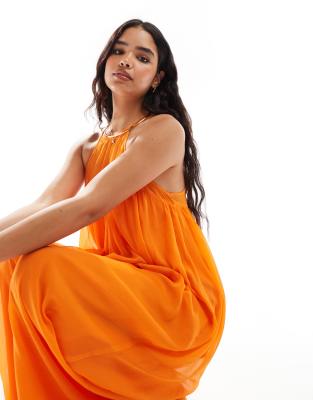 Asos Design Chiffon High Neck Trapeze Jumpsuit In Orange