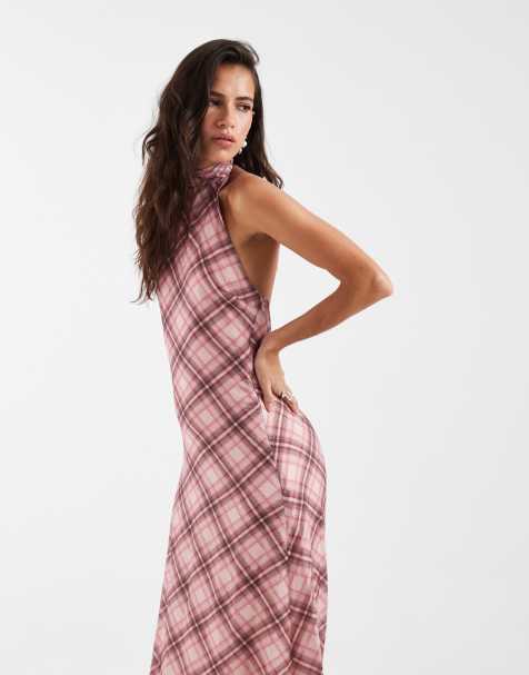 ASOS DESIGN chiffon hoogsluitende halter maxi jurk met roze ruit - view 1