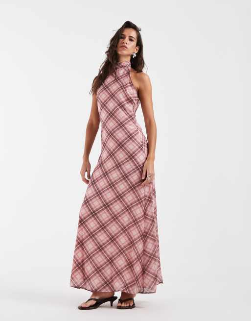 ASOS DESIGN chiffon hoogsluitende halter maxi jurk met roze ruit, 4 van 4