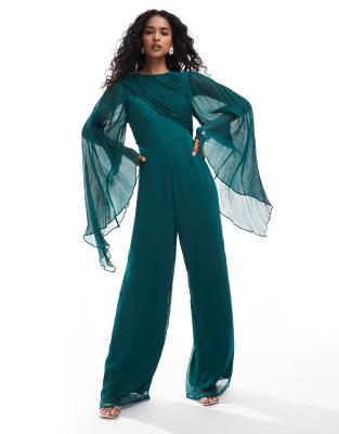 ASOS DESIGN - Chiffon-Jumpsuit in Juwelengrün mit akzentuierten Ärmeln und weitem Bein