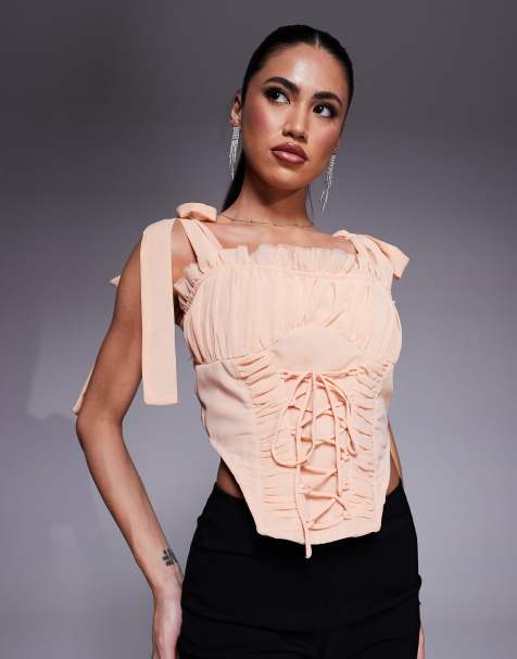 ASOS DESIGN – Chiffon-Korsett in Zartrosa mit Schnürung - view 1