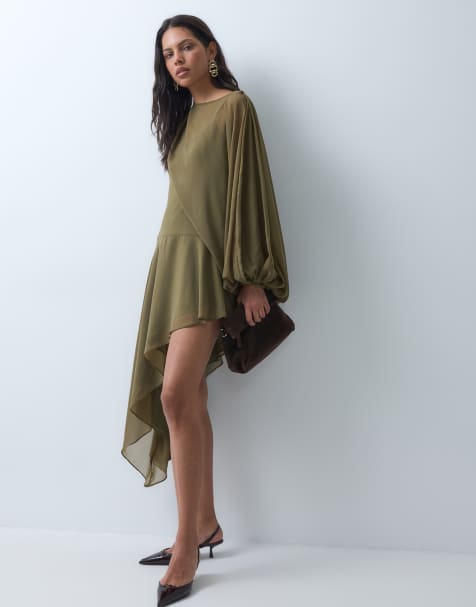 ASOS DESIGN chiffon long sleeve bloussant mini dress in khaki 