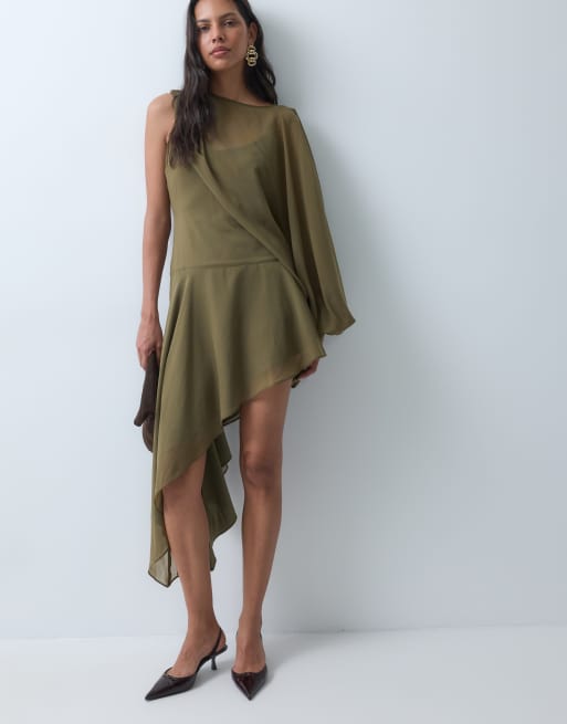 ASOS DESIGN chiffon long sleeve bloussant mini dress in khaki , 2 of 4