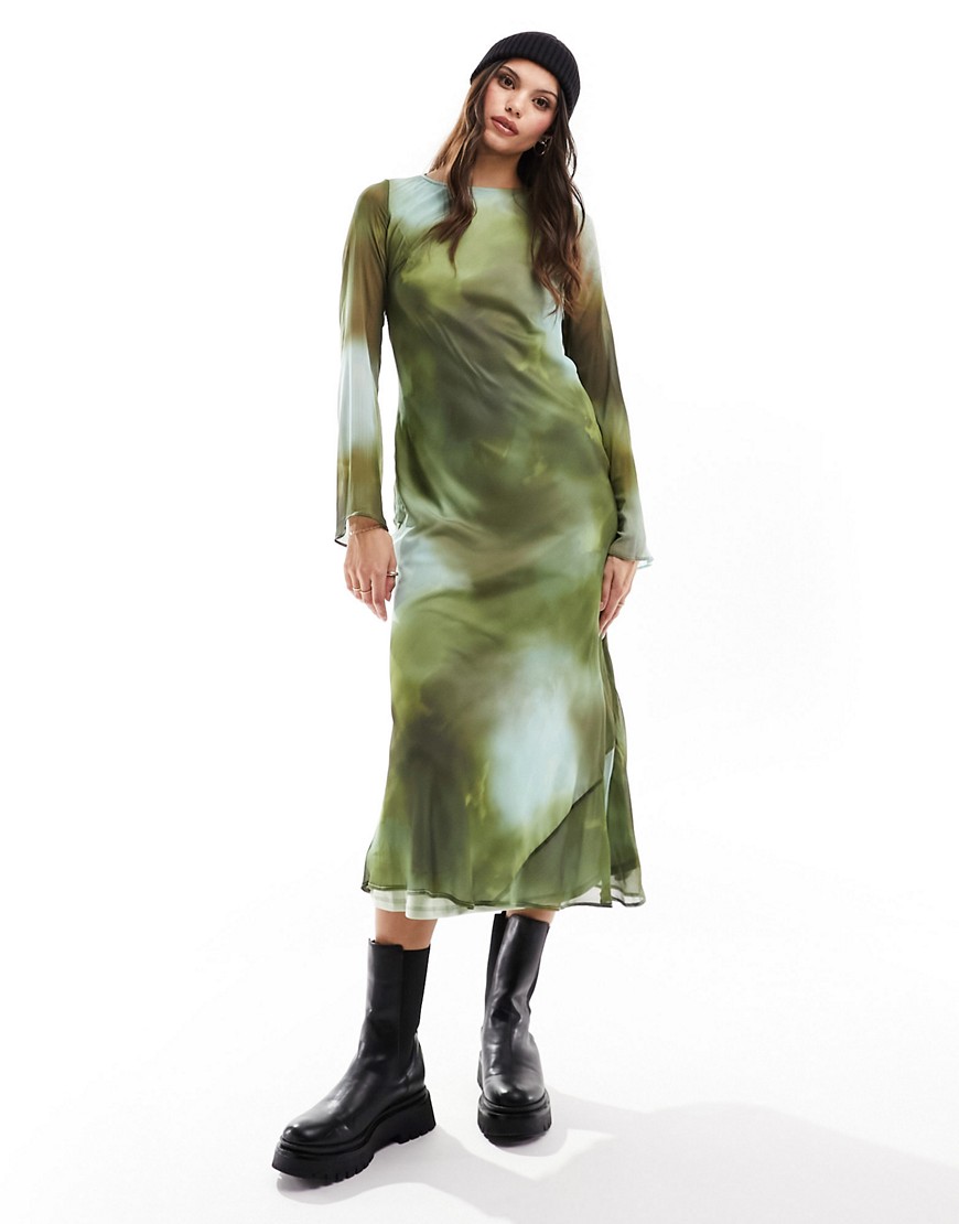 Asos Design Chiffon Long Sleeve Midi Dress In Blur Print-multi