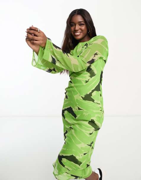 ASOS DESIGN chiffon long sleeve midi dress in green abstract print - view 1