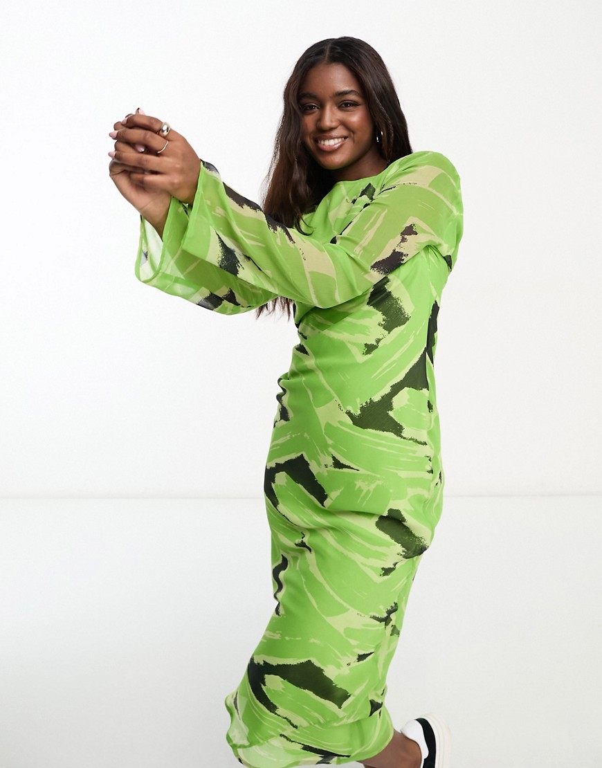 Shop Asos Design Chiffon Long Sleeve Midi Dress In Green Abstract Print-multi