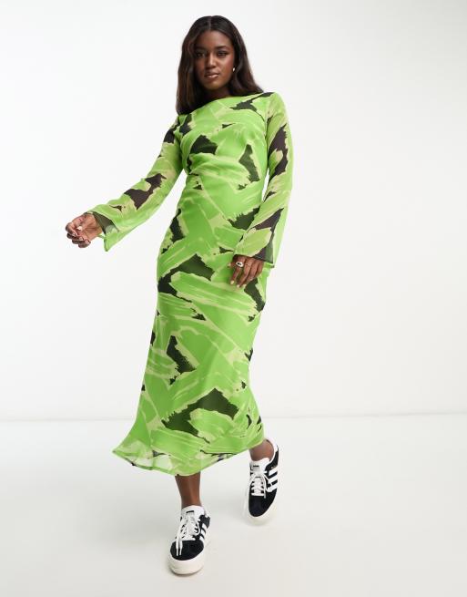 ASOS DESIGN chiffon long sleeve midi dress in green abstract print