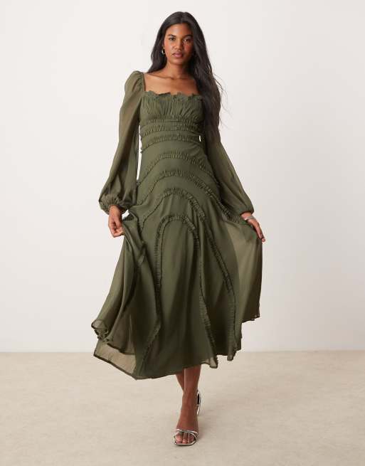 ASOS DESIGN chiffon long sleeve midi dress with frill details in khaki