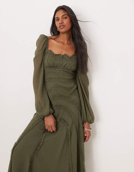 ASOS DESIGN chiffon long sleeve midi dress with frill details in khaki, 4 of 4