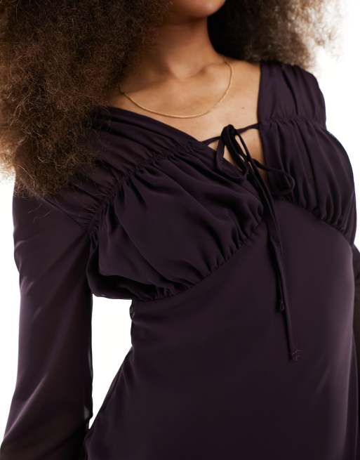 ASOS DESIGN chiffon long sleeve midi dress with tie bust detail in aubergine 