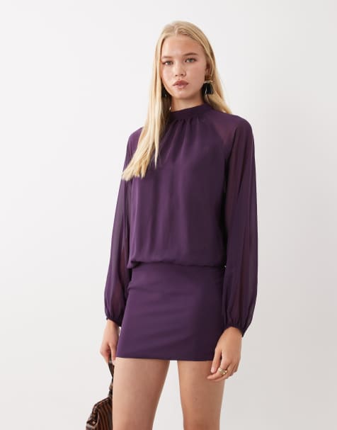 ASOS DESIGN chiffon long sleeve mini dress in purple - view 1
