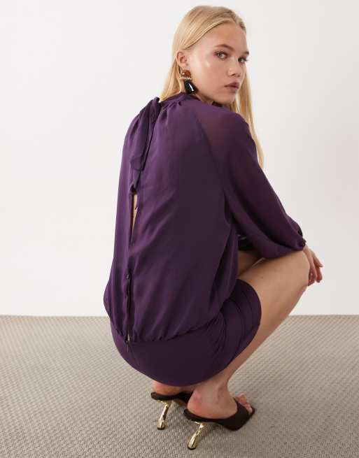 ASOS DESIGN chiffon long sleeve mini dress in purple, 3 of 4