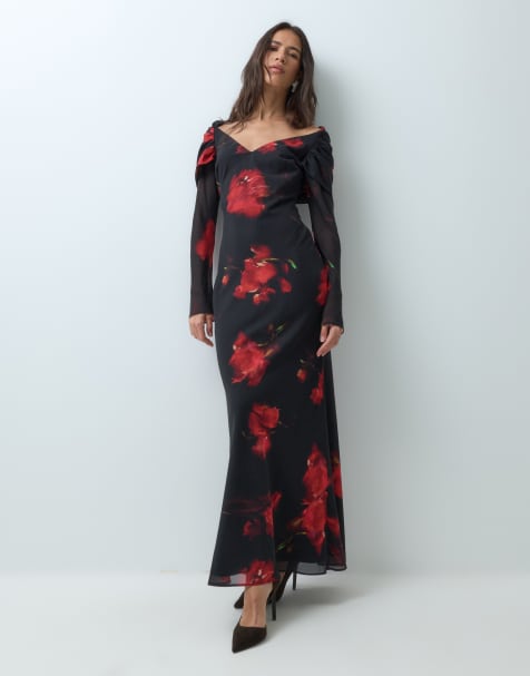 ASOS DESIGN chiffon long sleeve off shoulder maxi dress in black based floral - view 1